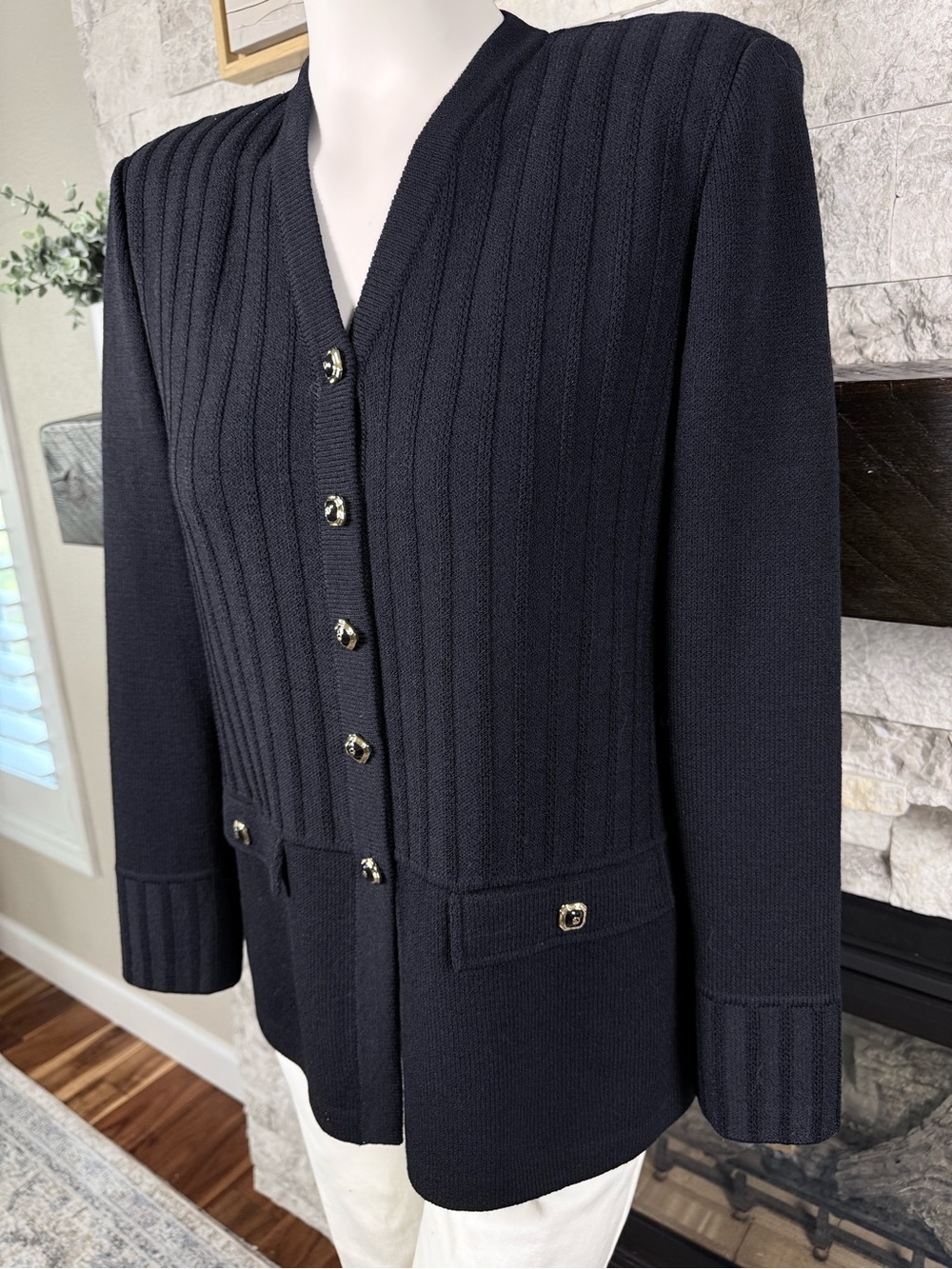 St. John Collection Santana Knit Black Ribbed Jacket Gold Buttons 8